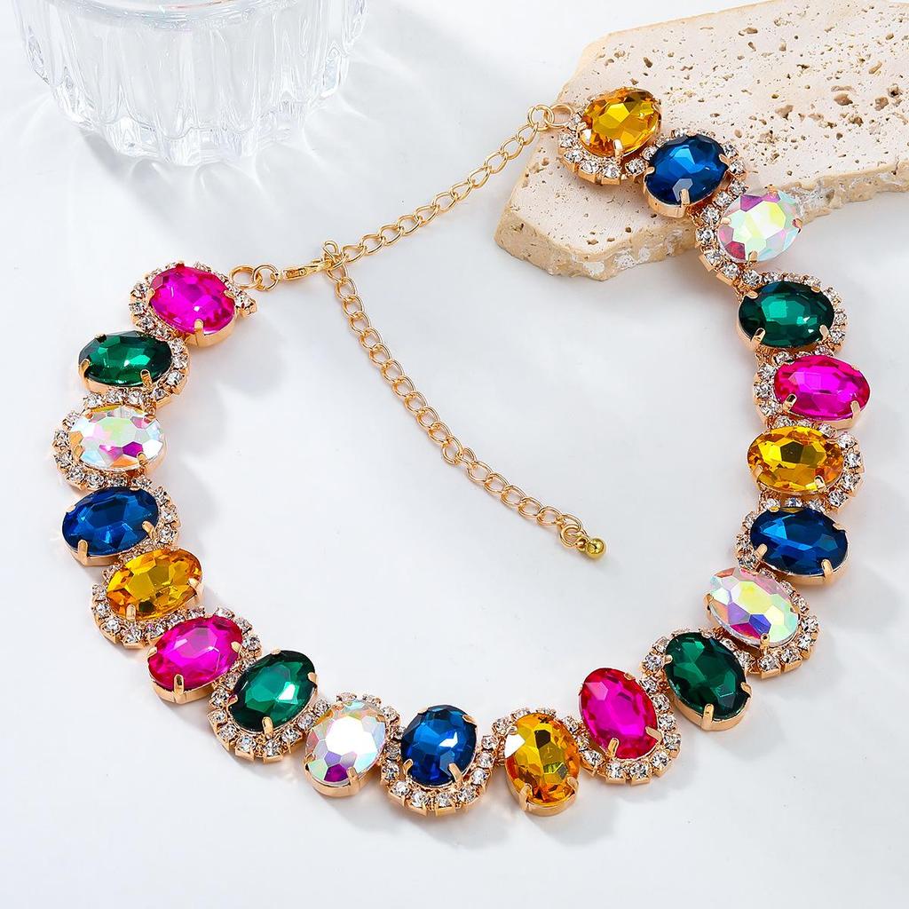 2024 Европейское и Американское преувеличенное ожерелье с когтями: Овальные цветные стеклянные и бриллиантовые свадебные украшения