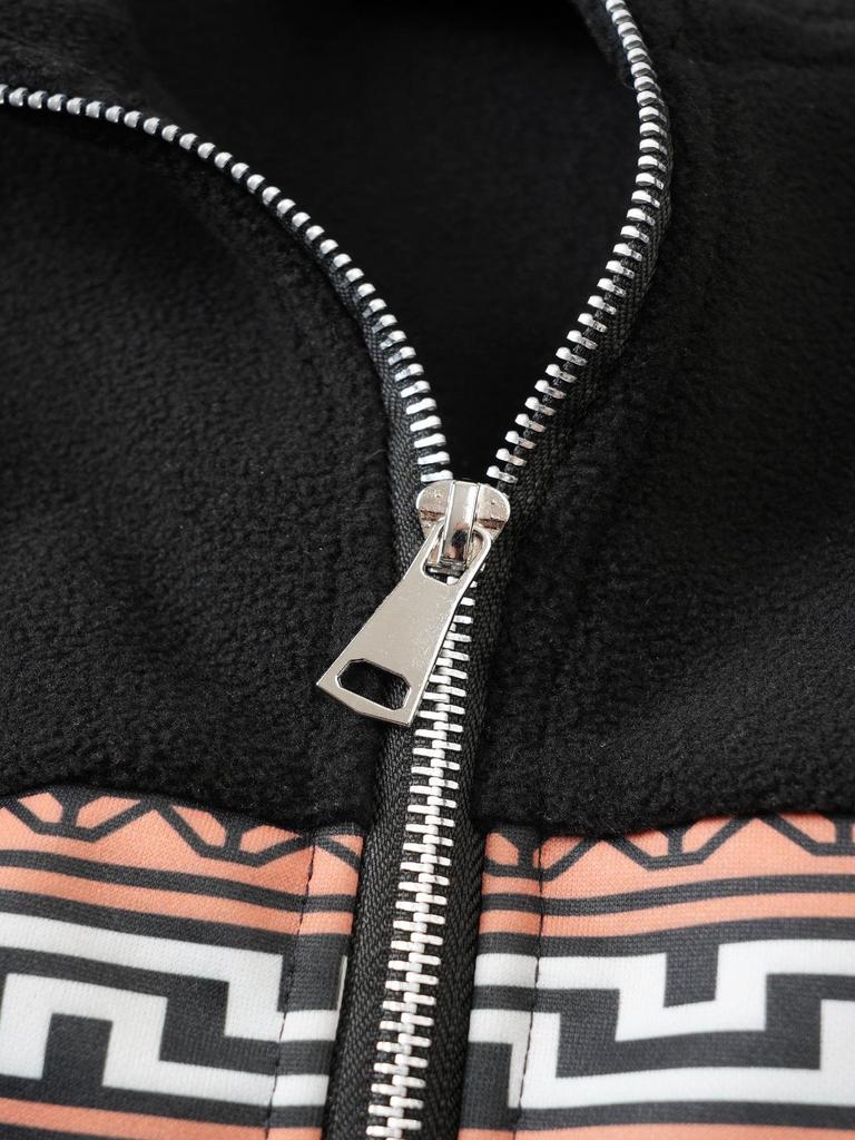 Мужская осенне-зимняя флисовая толстовка с полумолнией, воротником-стойкой, цветовыми блоками и жаккардовым узором