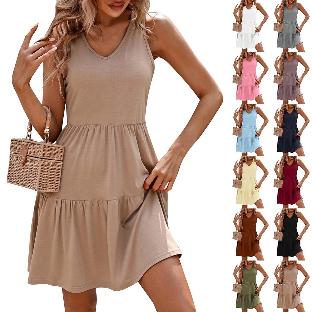 Женские летние модные повседневные платья-жилет без рукавов с v-образным вырезом и плиссировкой в ​​стиле пэчворк