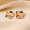 French Retro Drip Glaze Geometric Square Earrings: Unique, Colorful Enamel Studs with Copper-Plated Real Gold Finish