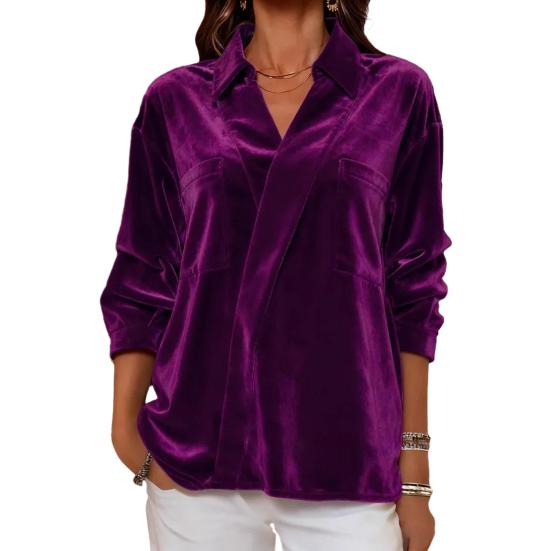 Женская рубашка с лацканами, длинным рукавом, бархатной текстуры, однотонная, пуловер, топы свободного кроя, повседневные топы для работы, вечеринки, офиса