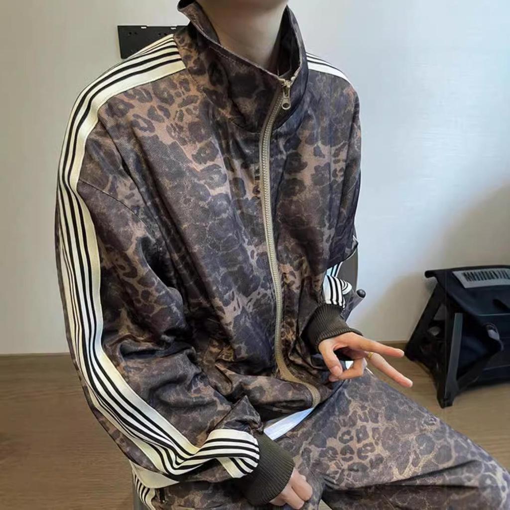 Мужской ретро спортивный костюм с леопардовым принтом в стиле стритвир, куртка и спортивные штаны, 2024