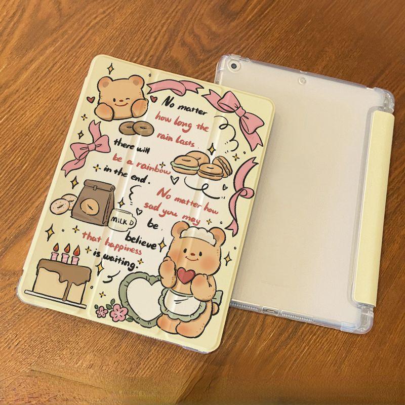For iPad Air5 Case Cartoon Butter Bear Pattern iPad Smart Tri-Fold Case for iPad Air6 11 13 Pro2024 11 13 Pro2021 2018 12.9 with Pencil Holder