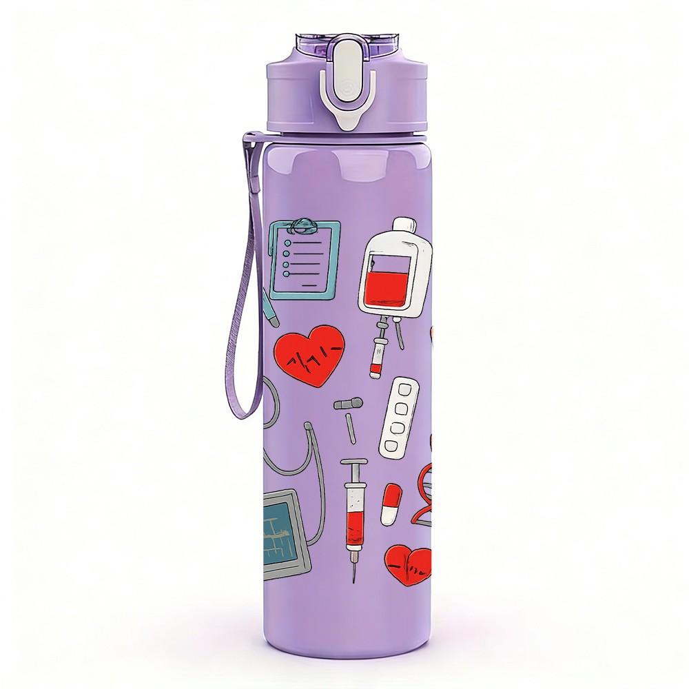 1PC Medical Tool Repeat Pattern 750ml Color Plastic Sports Water Bottle Leakproof Flip Straw Lid Suitable for Sports Office Home Use