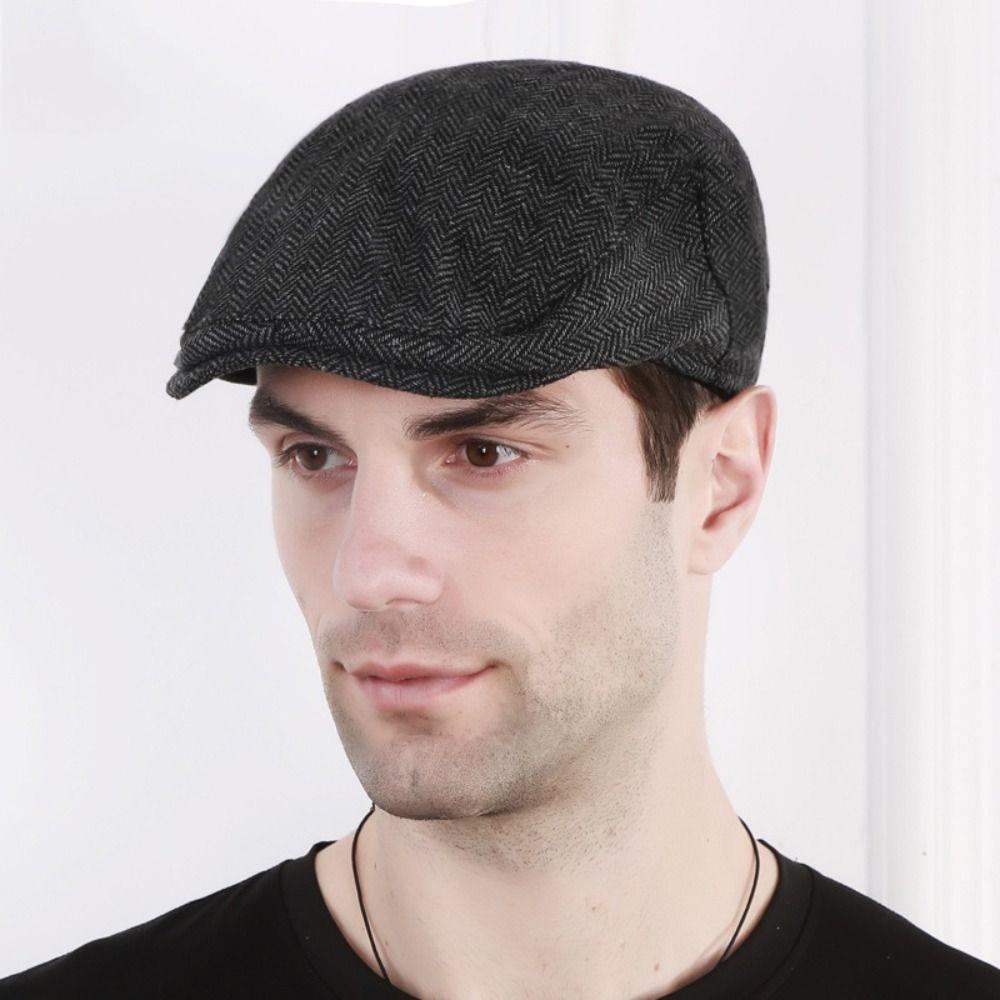 Flat Top Painter Hat Herringbone Newsboy Cap Casual Men Beret Male