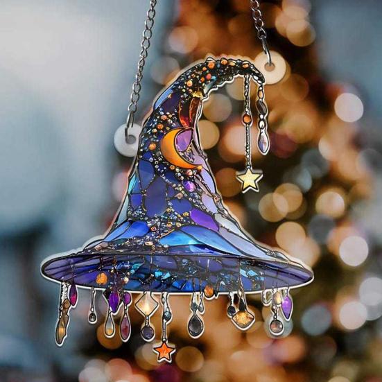 Witch Hat Sun Catcher 2D Acrylic Halloween Decoration Stained Glass Style Witch Hat Hanging Ornament for Window Wall Door