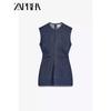 Zaprha 2025 New Arrival Pleated Stylish Fashion Denim Round Neck Short Sleeveless Dress Slim Looking 5252080