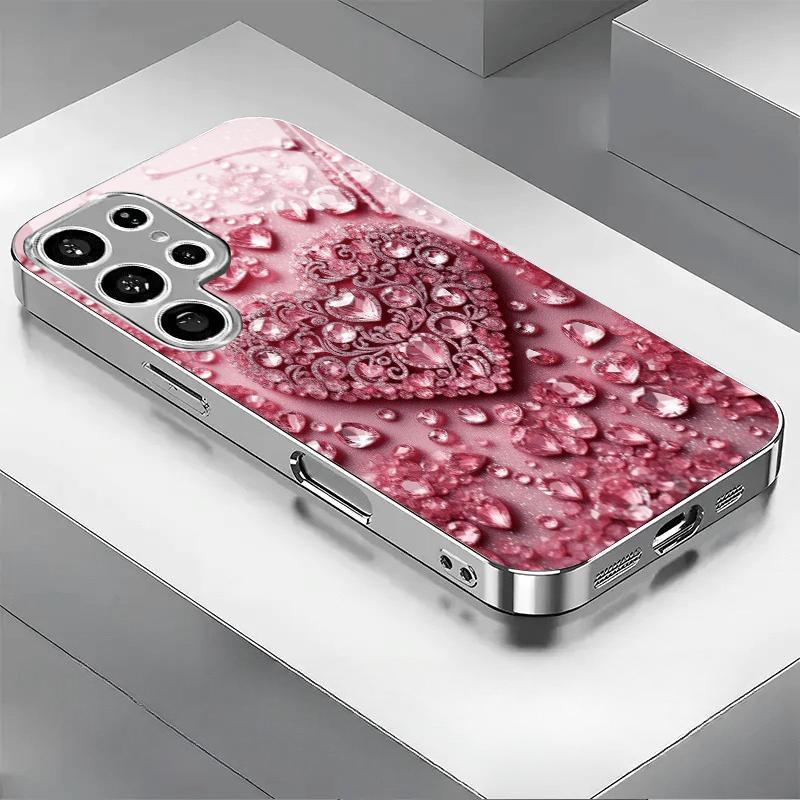 Позолоченный чехол для телефона из закаленного стекла, совместимый с Galaxy S26 S25 S24 S23 S22 Ultra Plus. Имеет дизайн в виде розового сердца с драгоценным камнем.