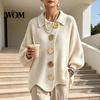 Oversized Cardigan Sweater Women Knit Sweater, Collared Top with Large Metal Button Front Outerwear Buttons, Loose Lantern Sleeve Casual for