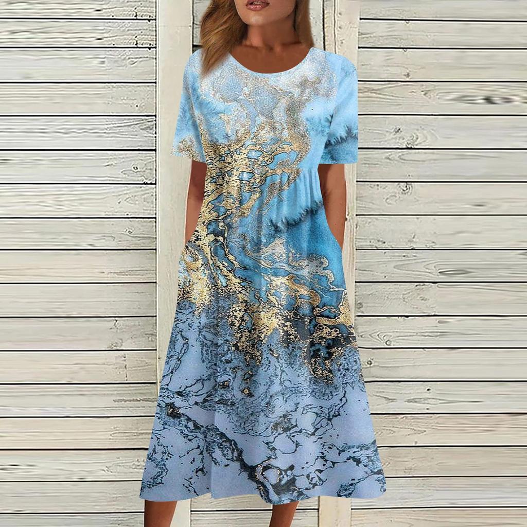 Жен. Повседневные платья Платья с принтами Летние платья С принтами Плиссированные платья-миди с круглым вырезом Классический Классический На открытом воздухе Повседневные С короткими рукавами Свободные платья