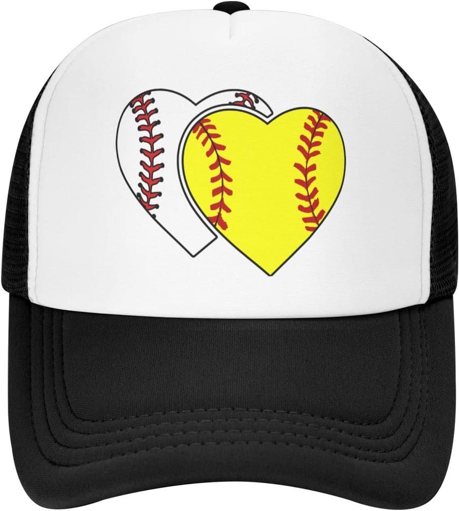 Softball Heart Graphic Trucker Hat Polyester Mesh Adjustable Baseball Cap Casual for Men Women