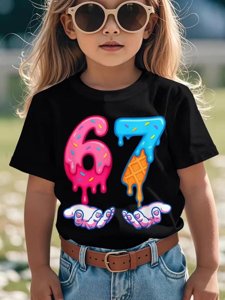 67 Meme Graphic Tshirt Kids Funny Number Print Summer Short Sleeve Loose Streetwear Tops