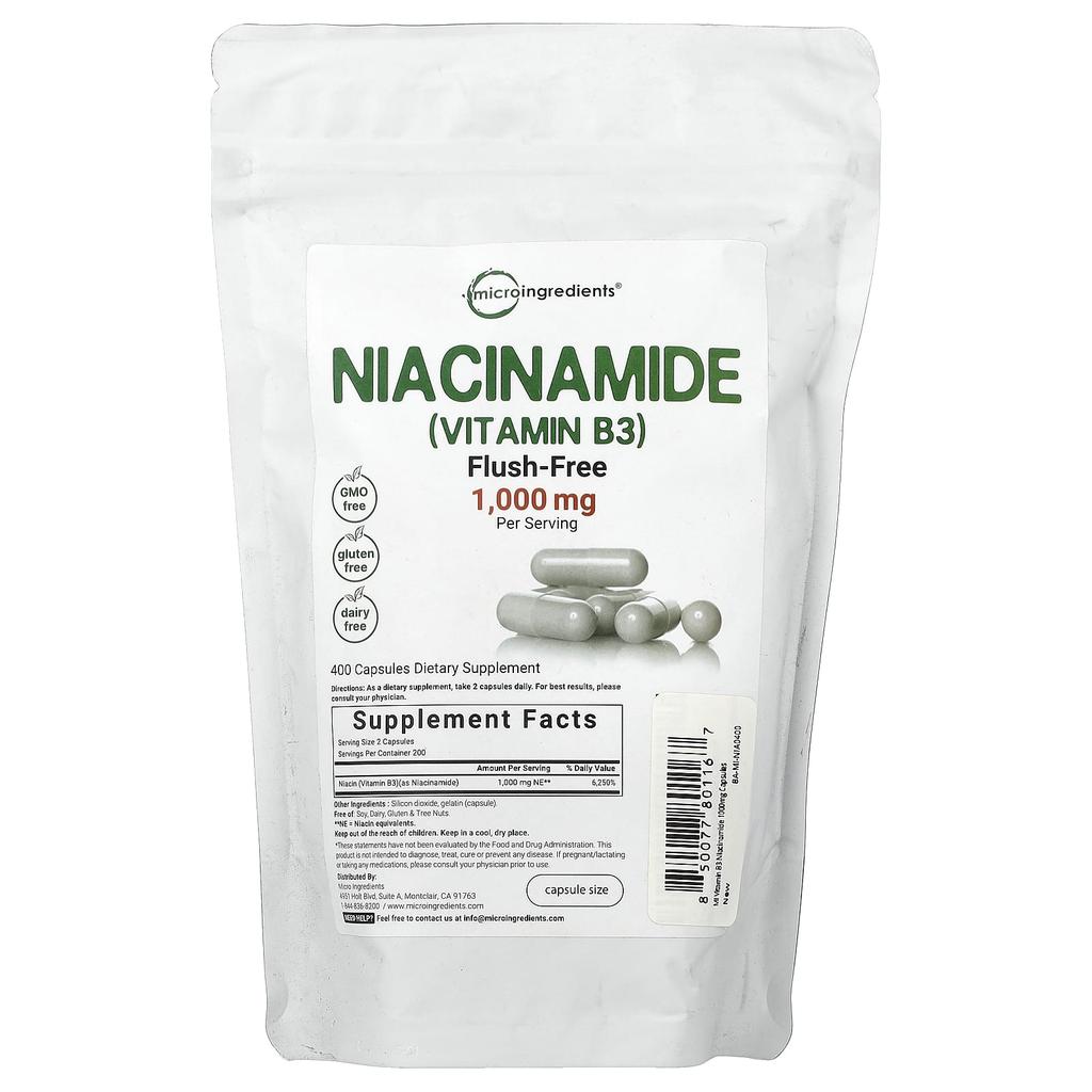 Micro Ingredients Никотинамид (Витамин В3), 400 капсул (500 мг в капсуле)