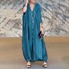 Women Maxi Dress V-Neck Buttoned Placket Batwing Sleeves Shirt Dress Solid Color