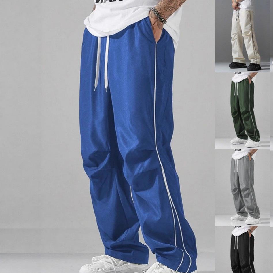 Men Drawstring Wide Leg Pants Side Stripe Loose Straight Casual Streetwear Solid Color Trousers