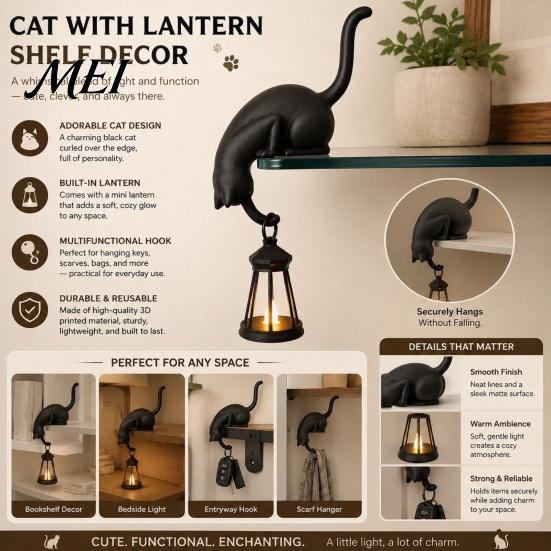 Decorative Gifts for Cat Lovers 3D Printed Hanging with Lantern Shelf Decor, Cute Peeking Table Rustic Bedside Decor Edge Statue, Hook Key Holder