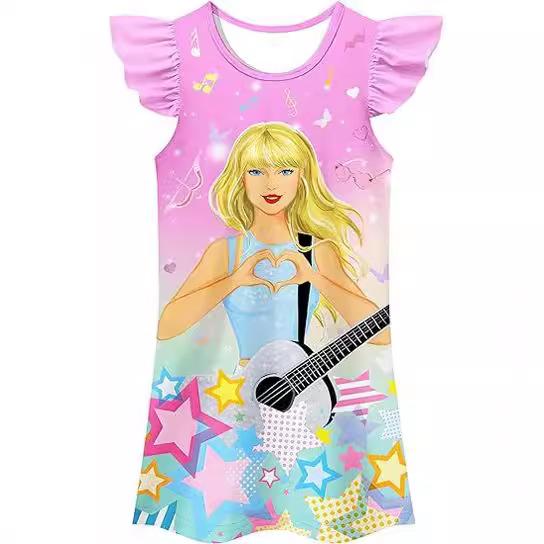 Girls Dreamy Ruffled Sleeve Round Neck Dress with Ethereal 3D Print