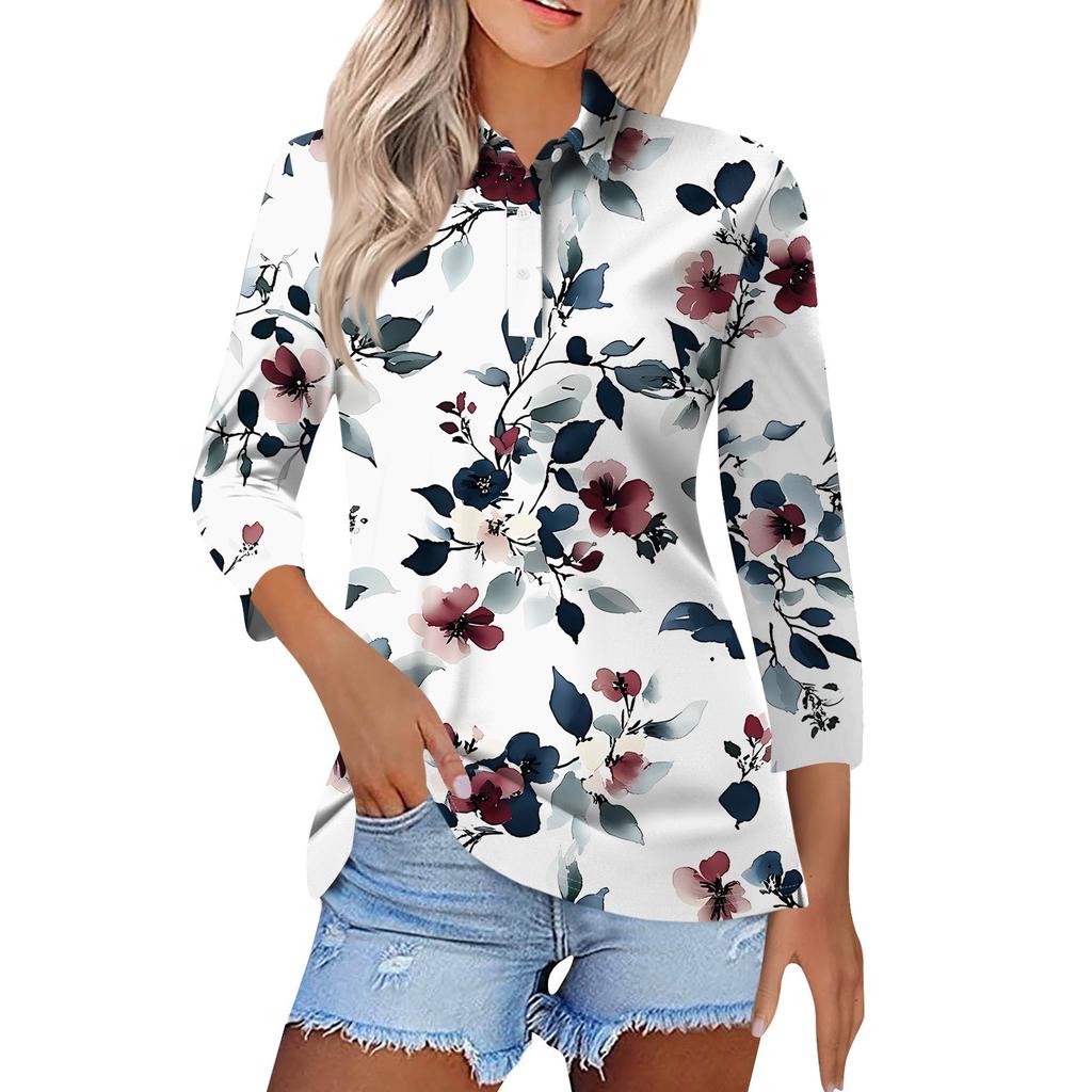 Женская модная повседневная рубашка с короткими рукавами 3/4 с лацканами и принтом, женские топы на пуговицах