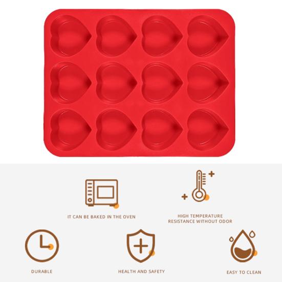 Silicone Muffin Pan 12-Cup Heart Cupcake Pan Non-stick Cake Mold Food-Grade Baking Mold for Cupcakes Chocolates Easy Demolding