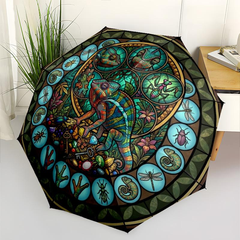 Chameleon Insect Mandala pattern umbrella, portable and foldable design, 8 ribs, a casual accessory for Halloween, Christmas, and birthday gifts.
