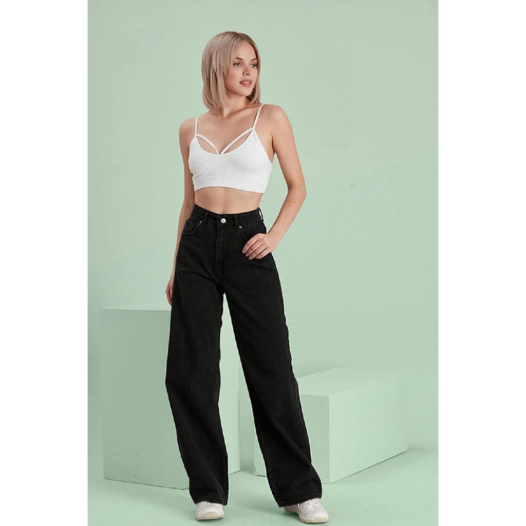 Women's Blue Snow Wash High Waist Five Pocket Wide Leg Loose Palazzo Jean Denim Trousers