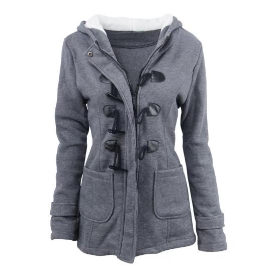 Fall Winter Coat with Side Pockets Solid Color Hooded Horn Button Closure Long Sleeve