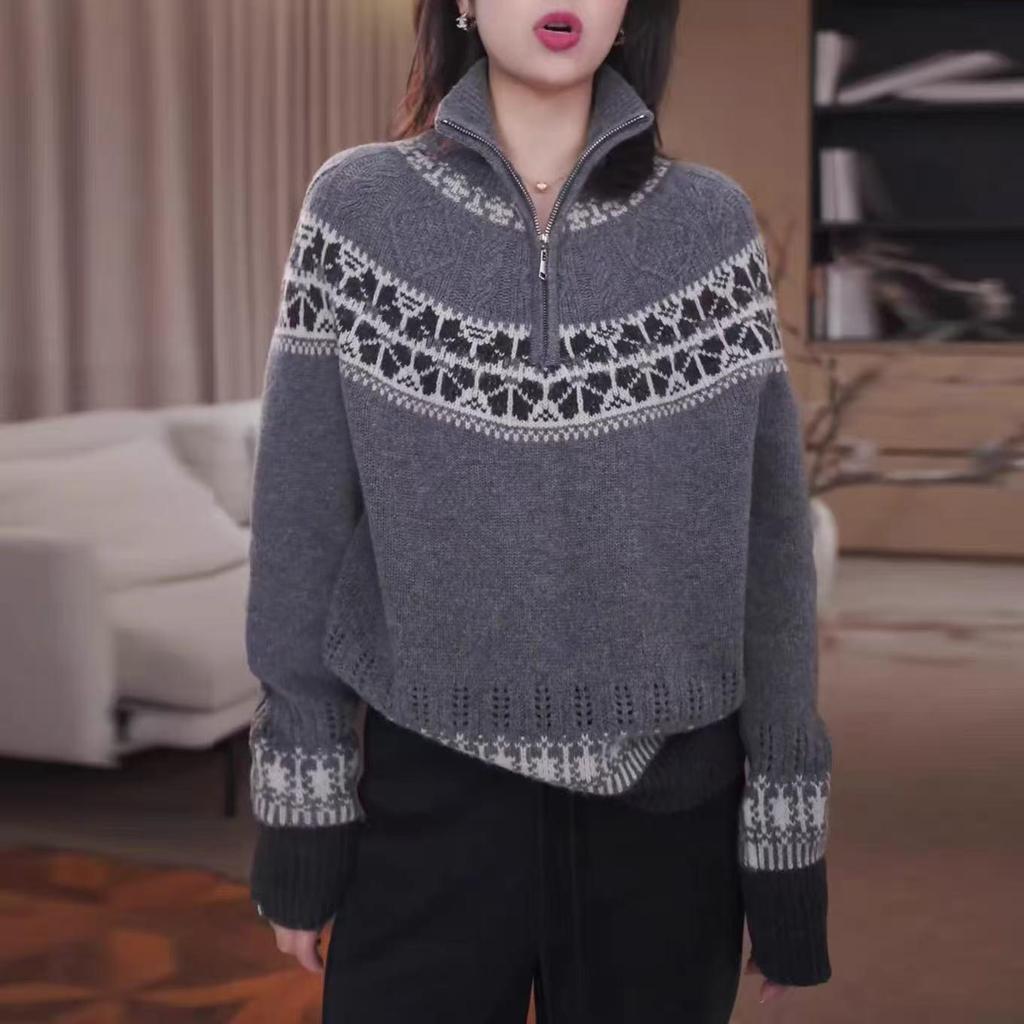 Nordic Retro Jacquard Wool Women's Half-Zip High-Neck Sweater