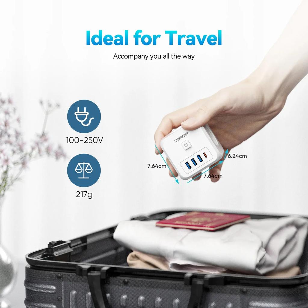 Essager Удлинитель с вилкой европейского стандарта, 3 розетки переменного тока, 3 USB-порта для зарядки, 1 адаптер типа C, 5 В, 2,4 А, настенное зарядное устройство 7-в-1