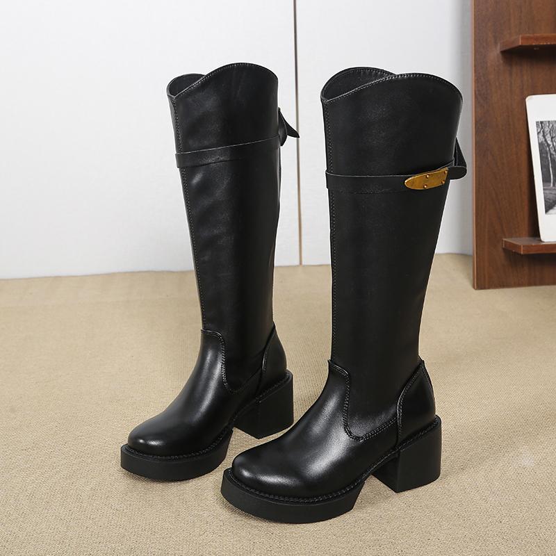 Fashion New High Boots for Autumn and Winter Women's Fashion Round Toe Back Zipper Sole Metal Buckle Non-slip Block Heel Shoes
