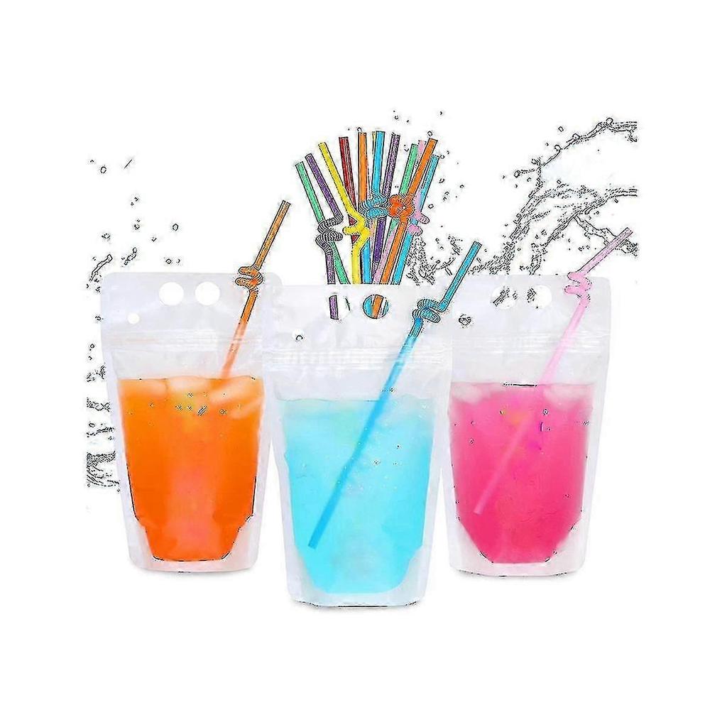 100pcs 16oz Travel Drink Pouches - Resealable Straw Included Hydration Bags