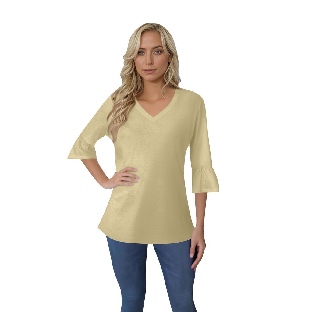 Women's Casual 3/4 Sleeve Top Summer V-neck Puffy Sleeve T-shirt Top
