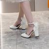 Coarse Heel Bag Head Shoes Women's Pearl Bow Solid Color One-word Belt Hollow High Heels Ribbon Round Head Heels Large Size 43