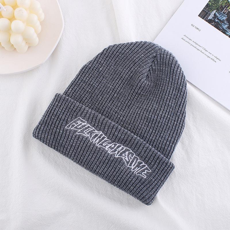 Letter Embroidered Wool Hat Korean Version Ins Fashionable Autumn and Winter Style Warm and Cold Knitted Hat Striped Versatile Cold Hat