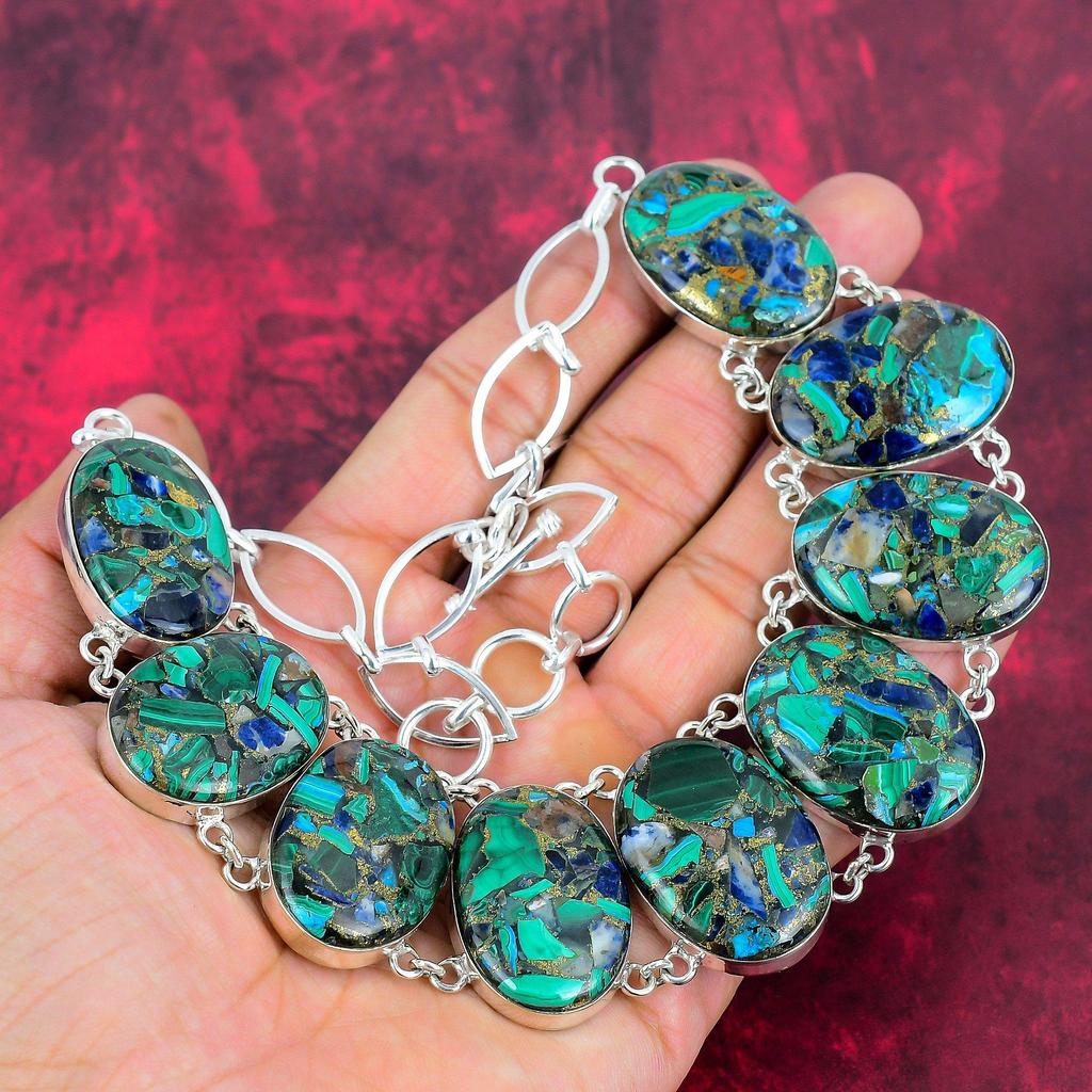 Ожерелье из медного малахита и азурита, ювелирные изделия ручной работы, ожерелье из стерлингового серебра 925 пробы, ювелирные изделия из драгоценных камней, регулируемое ожерелье-цепочка, подарок для жены