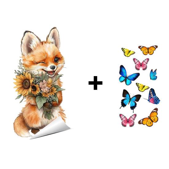 Spring Fox Window Clings Cartoon Fox Flowers Butterflies Glass Sticker Removable Cute Animal Window Decals for Home Office Shop