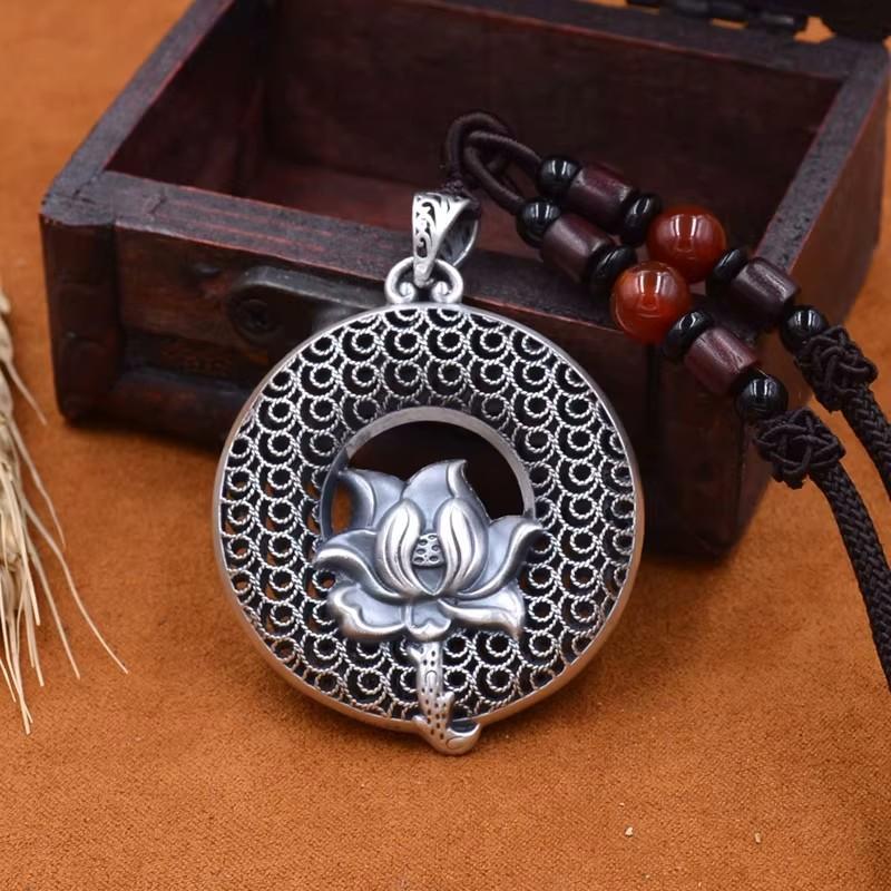 Classic Lotus Lucky Buckle Pendant For Women Jewelry Trendy 925 Silver Sweater Chain Long Necklace Retro Ethnic Men Necklace