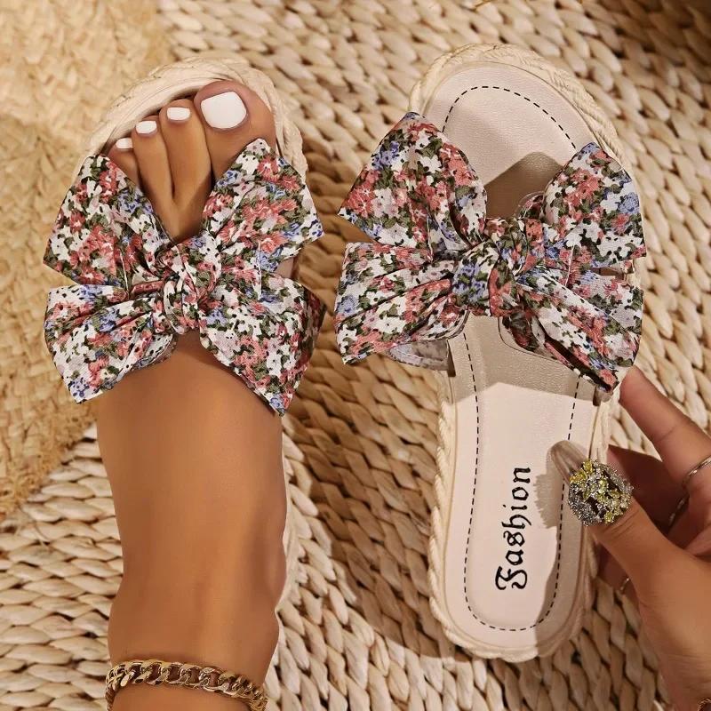 2024 New High Quality Women's Shoes Hot Selling Versatile Summer Ladies Fashionable Women's Shoes Bow Open Toe Flat Slippers