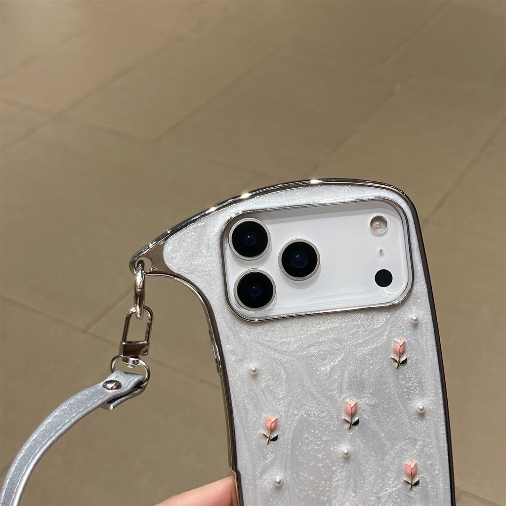 Elegant Pink Rose Pearl Shoulder Phone Case for iPhone 12-17 Series — Adjustable Strap, Mirror Metallic Frame