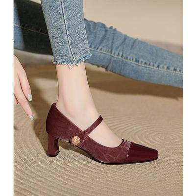 Туфли на высоком толстом каблуке с квадратным носком, одинарные туфли, женский средний каблук, весна-осень, новые комбинированные, с ремешком через подъем, туфли Мэри Джейн