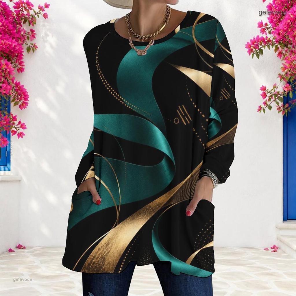 Women Plus Size Round Neck Long Sleeve Halloween Printed Dark Purple Loose Longline T Shirt With Pockets