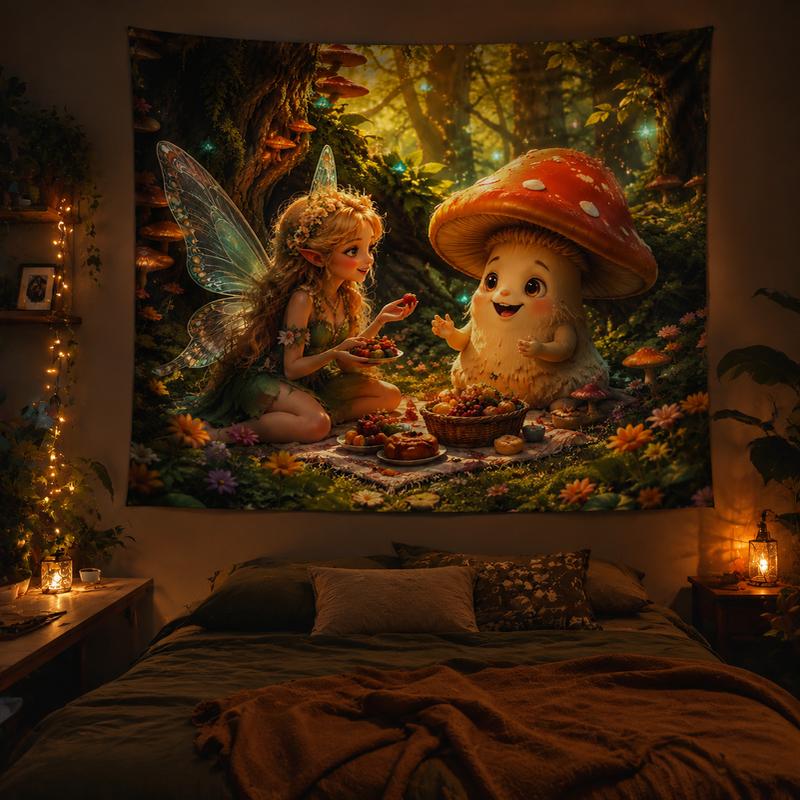 Forest Picnic Elf and Mushroom Elf Tapestry Healing Forest Fairy Tale Style Printed Hanging Cloth Anime Room Decoration