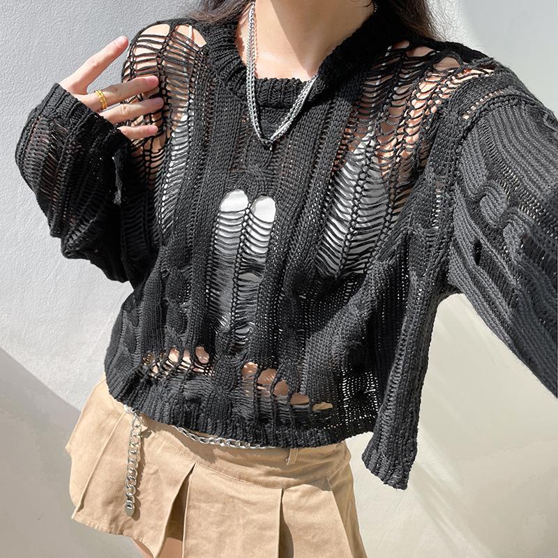 Women Hollowed Knitted Sweater Smock Female Personality Loose Outer Wear Sweater Tops