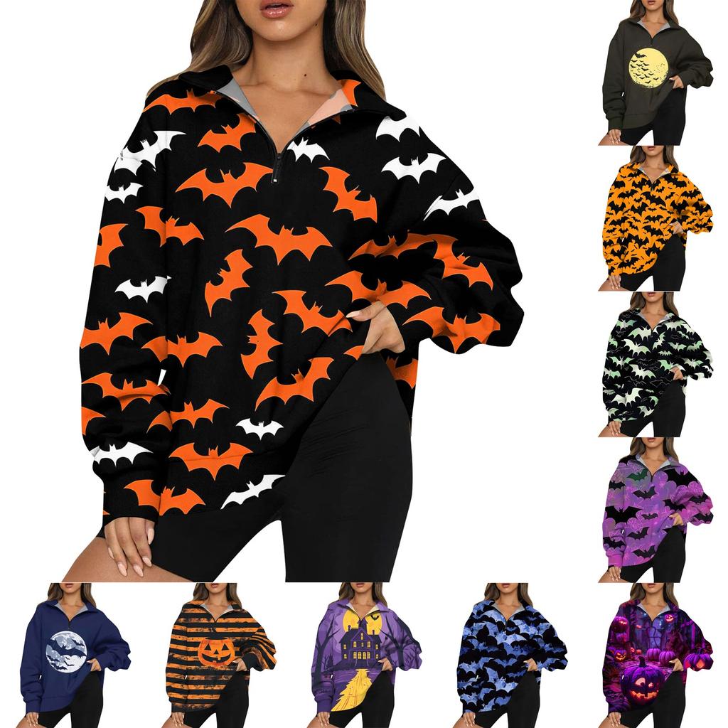 Women's Casual Fashion Long Sleeve Print Oversize Zip Sweatshirt Top