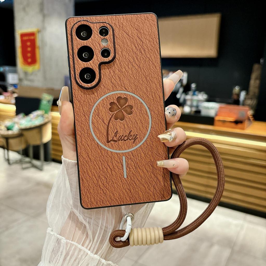 Samsung S25ULTRA Кожаный Магнитный Чехол-Книжка с Четырехлистником - Совместим с S24FE/S23p, Полное Покрытие, Защита от Падений.