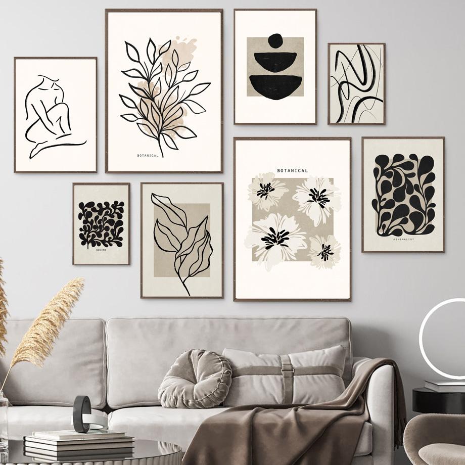 Абстрактные линии, растения, листья, геометрия, цветы, постеры и принты, холст, живопись, скандинавские настенные художественные картины для декора гостиной