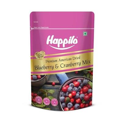 Happilo Premium Dried Blueberry Cranberry Duet 200 г упаковка | Смесь сушеной клюквы и черники | Натуральные сушеные ягоды | Низкокалорийный перекус
