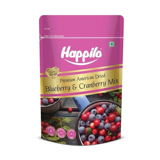 Happilo Premium Dried Blueberry Cranberry Duet 200 г упаковка | Смесь сушеной клюквы и черники | Натуральные сушеные ягоды | Низкокалорийный перекус