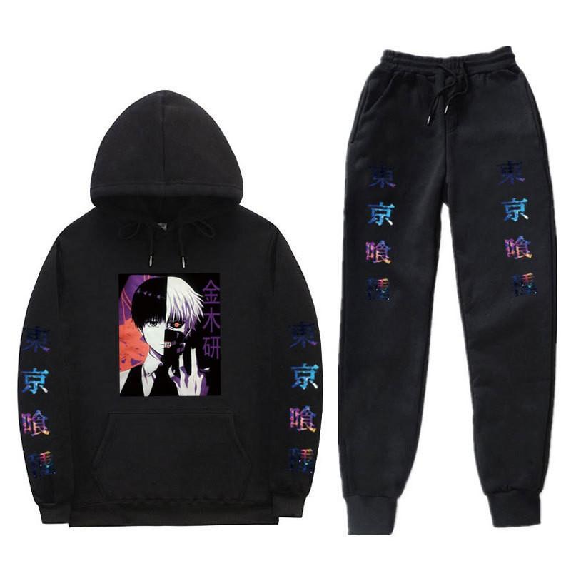 Unisex Winter Hooded Sweatshirt Pants Set Anime Tokyo Food Print Casual Sportswear Thick Cotton Blend