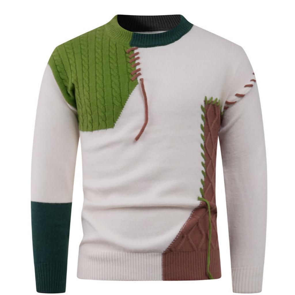Men's Casual Color-blocked Sweater, Warm And Fashionable Pullover, Paired With A Round-neck Knitted Sweater Inside