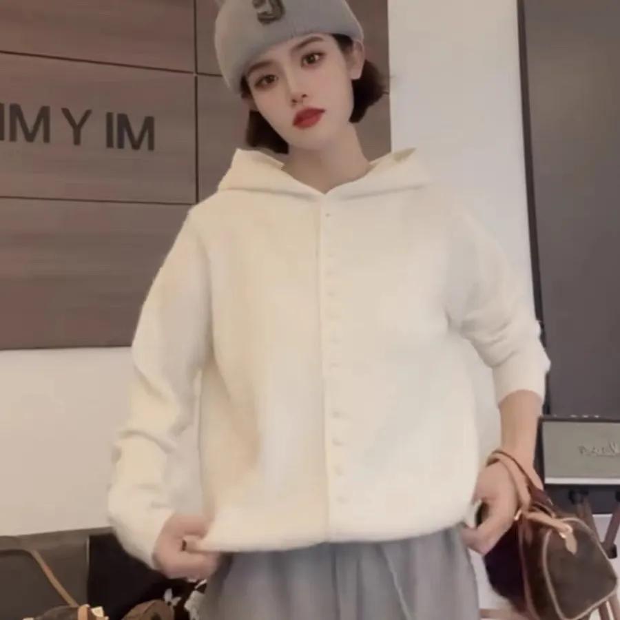 Women Autumn Hooded Sweater Lazy Style Soft Knitted Cardigan Outerwear